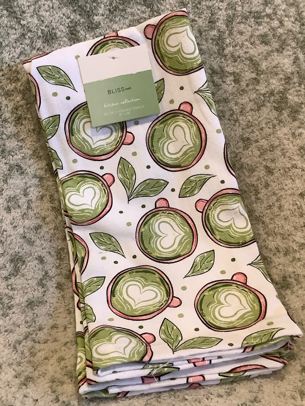Bliss Green and Pink Matcha Latte Drinks Kitchen Towels Set of Two NWT Cotton